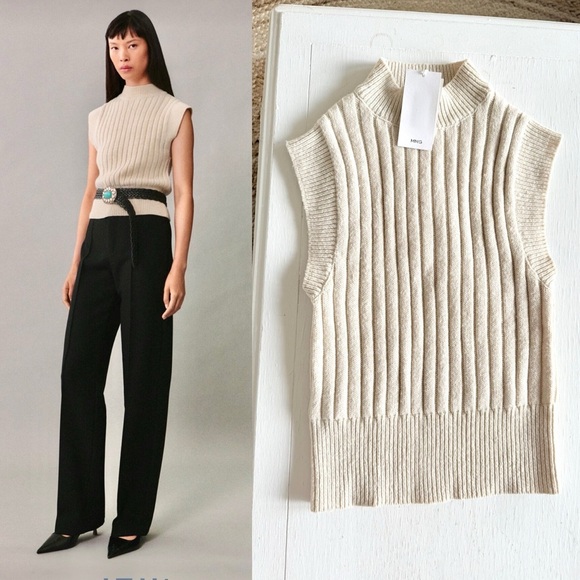New Mango Perkins Neck Beige Sleeveless Ribbed Turtleneck Sweater - Picture 1 of 5
